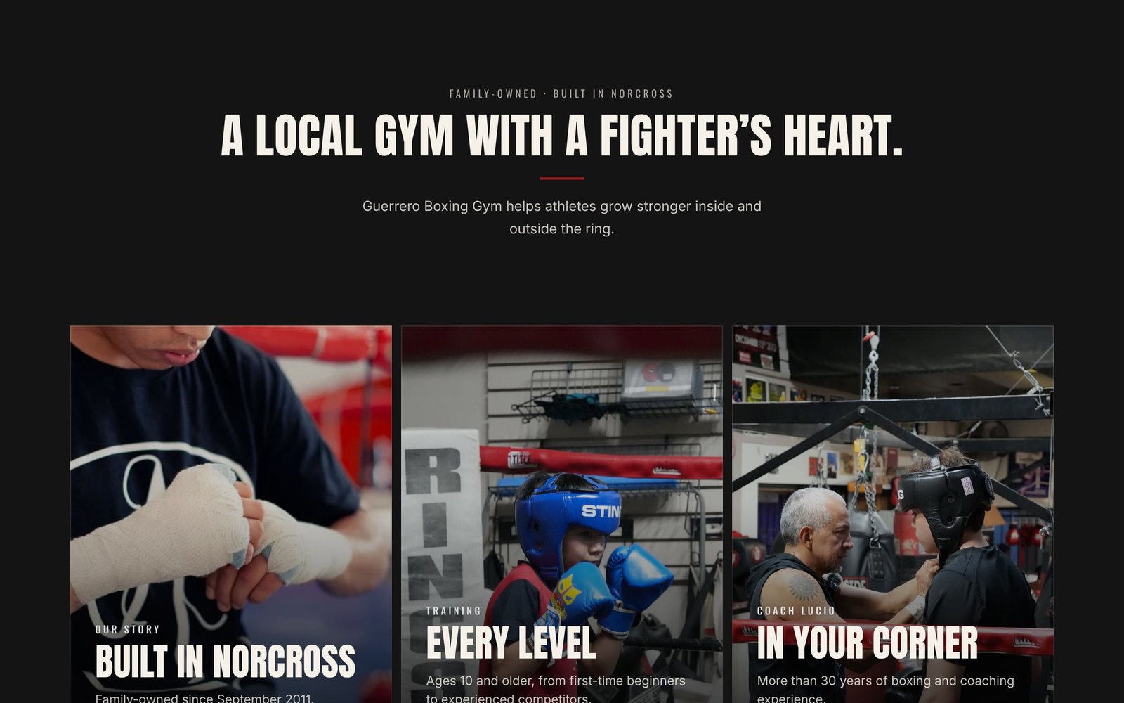 Guerrero Boxing Gym website section titled “A local gym with a fighter’s heart” with three photo cards: Built in Norcross, Every level, In your corner.