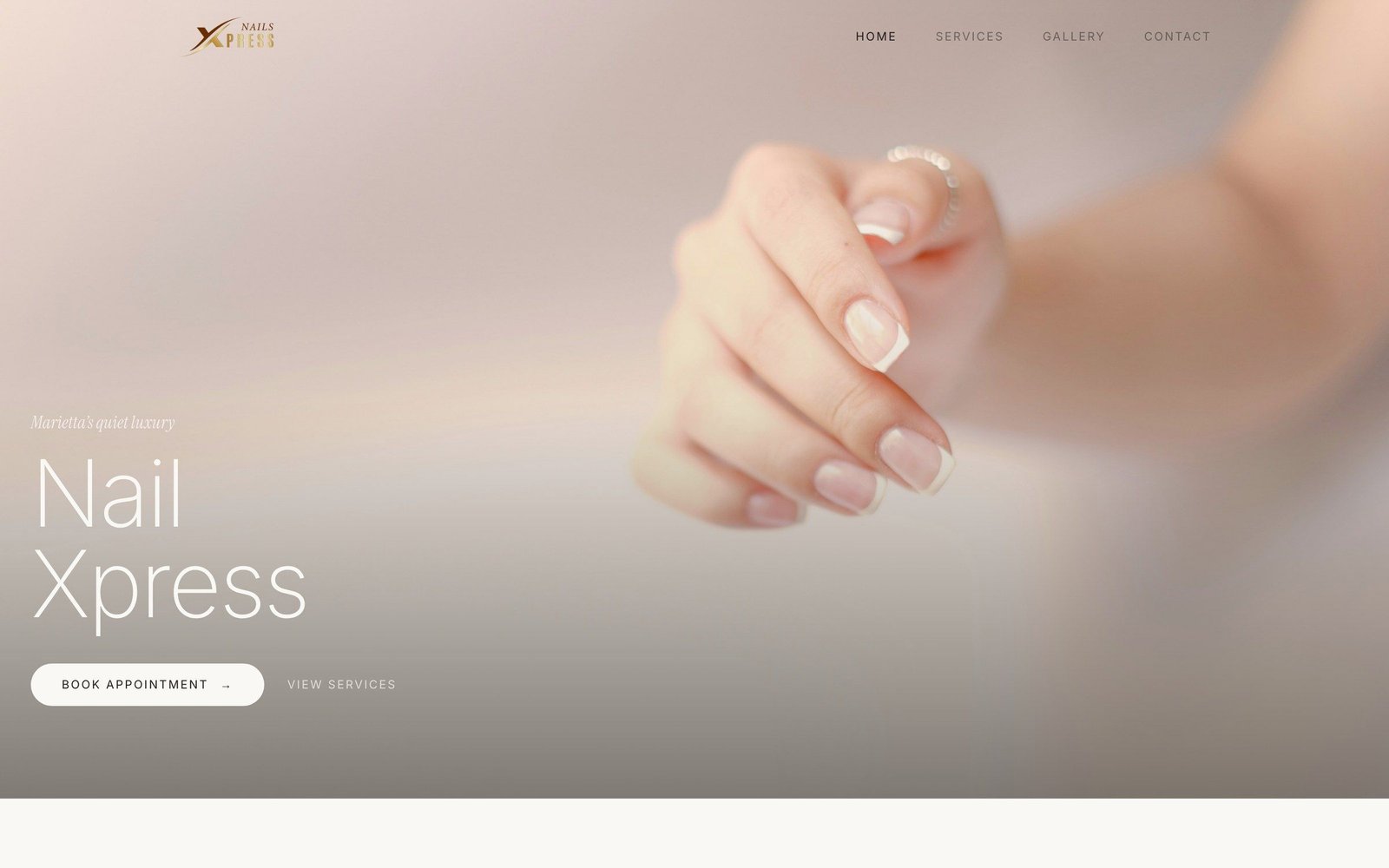 Nail Xpress homepage: a soft, blush-toned hero photo of a manicured hand beside the words Nail Xpress and a Book Appointment button.