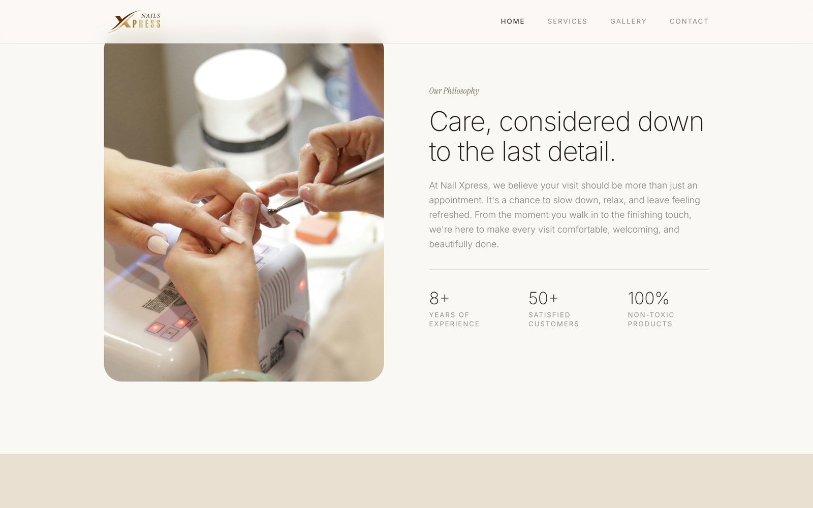 Nail Xpress philosophy section with a photo of a manicure in progress and the heading “Care, considered down to the last detail.”