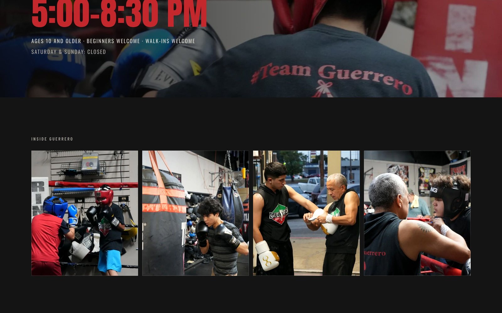 Guerrero Boxing Gym “Inside Guerrero” gallery with four training photos.