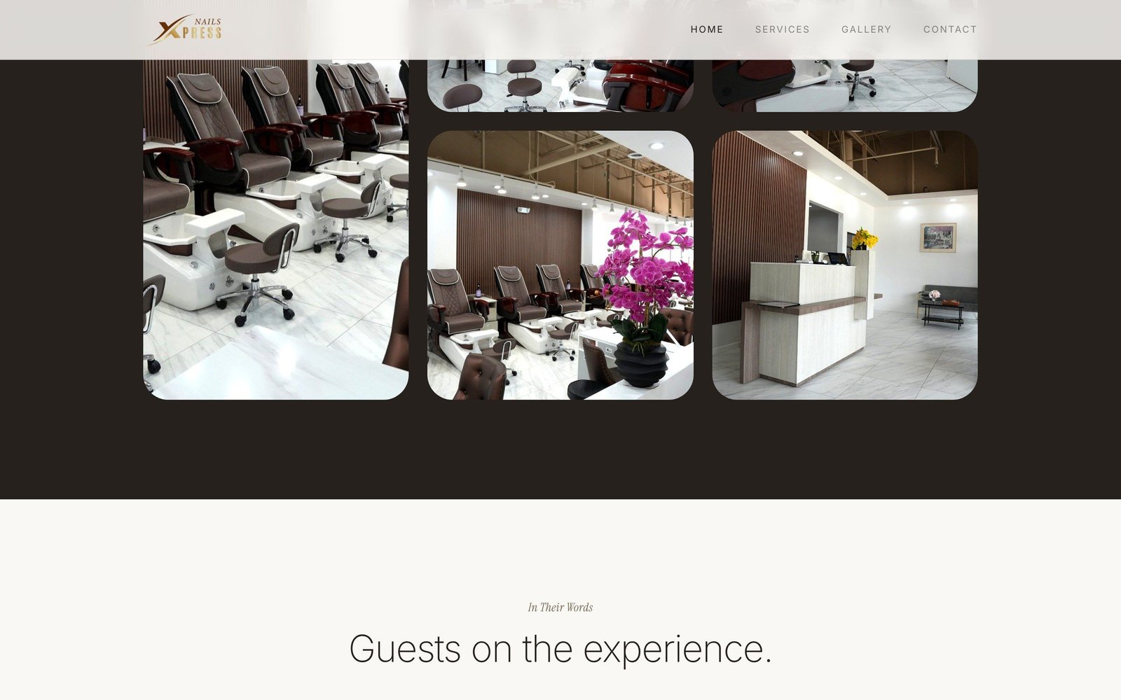 Nail Xpress gallery section on a dark background showing three photos of the salon interior.